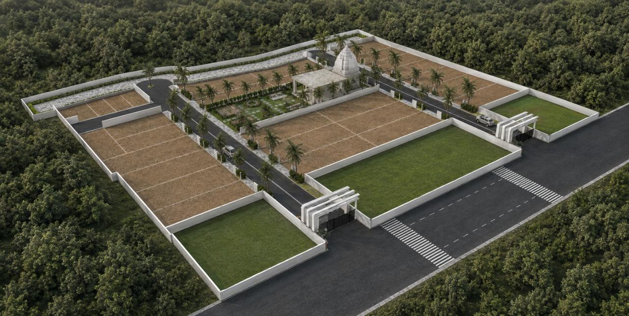 Aerial render of the NIVA 23 site: plots laid out on either side of a central road, an open green space, entrance gates and surrounding trees.